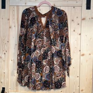 Umgee Women’s Brown Floral Print Tunic‎ Mini Dress Long Sleeve Size Medium